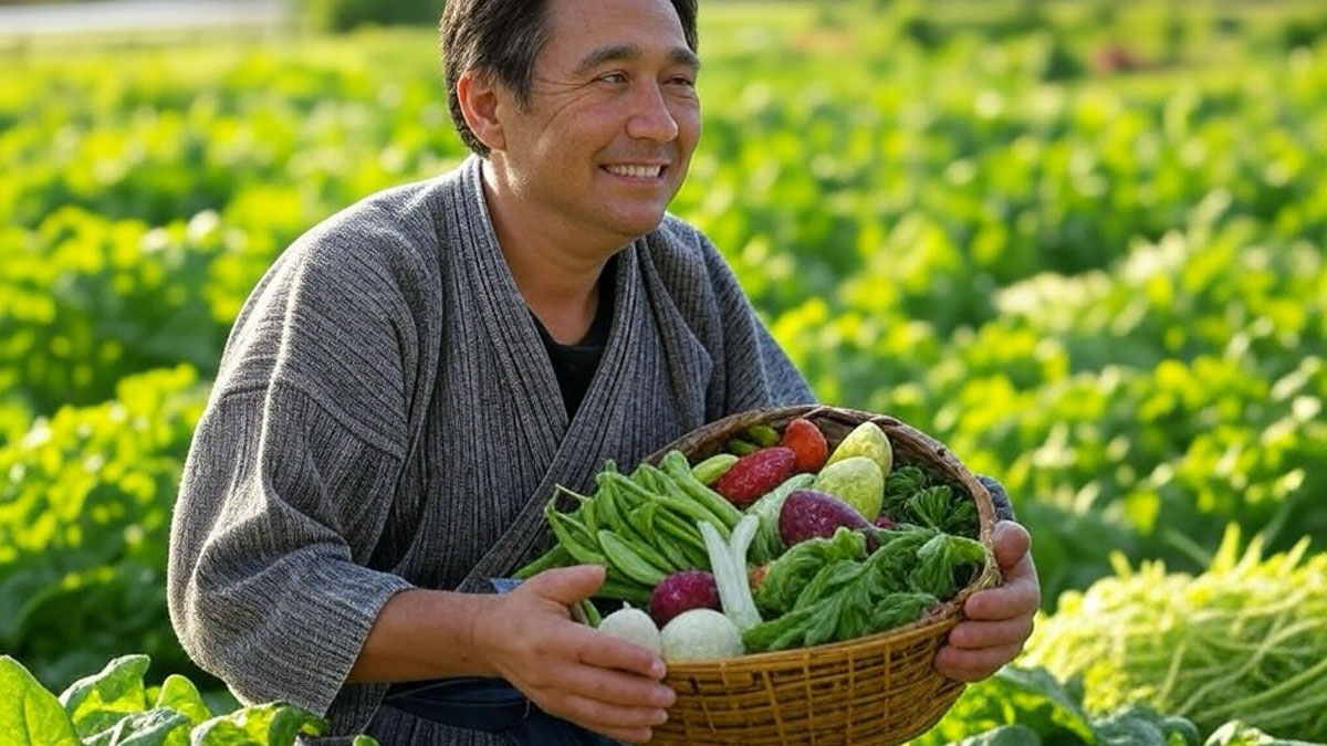 収穫した自然栽培の野菜各種