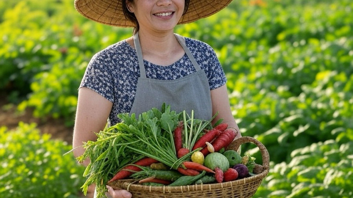 収穫した自然栽培の野菜