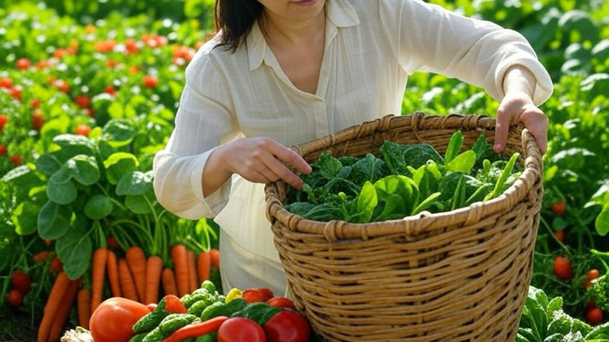 収穫した自然栽培の野菜