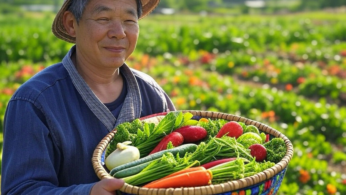 収穫した自然栽培の野菜