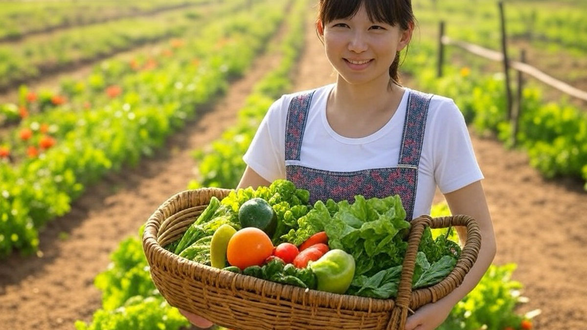 収穫した自然栽培の野菜