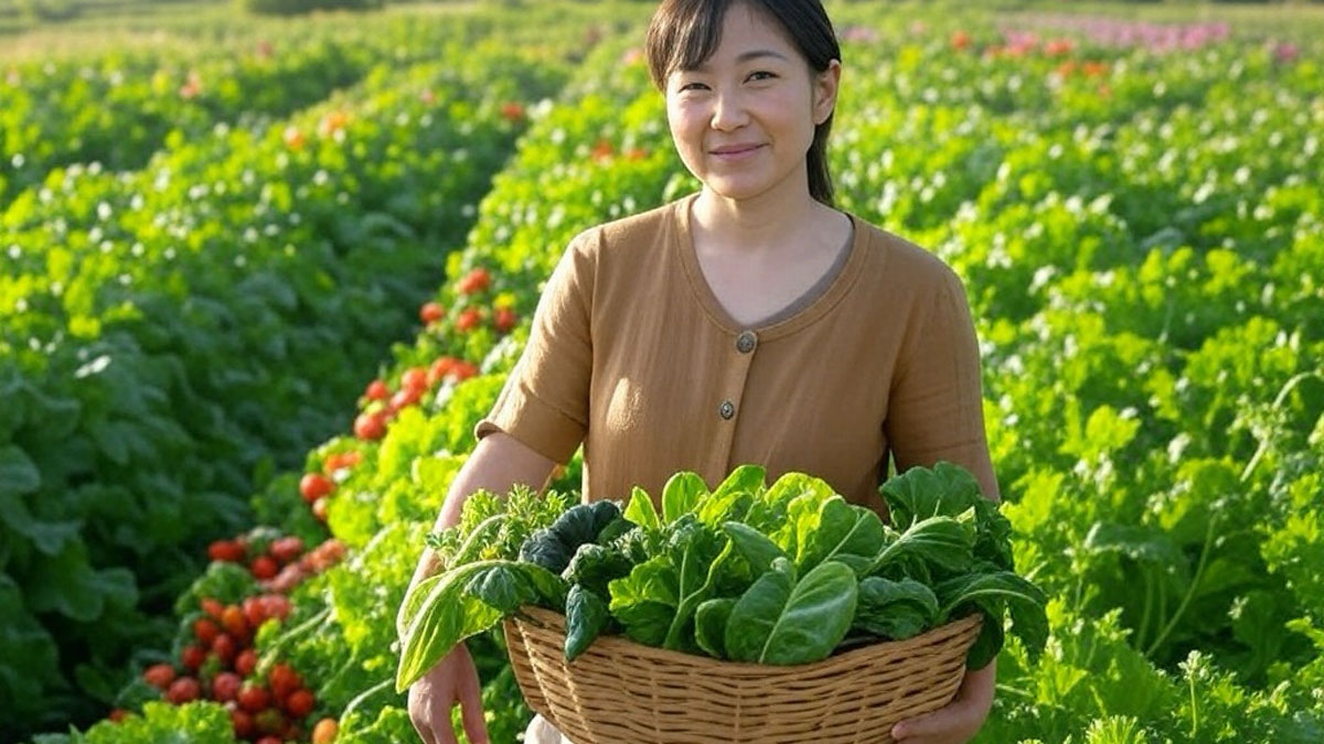 収穫した自然栽培の野菜