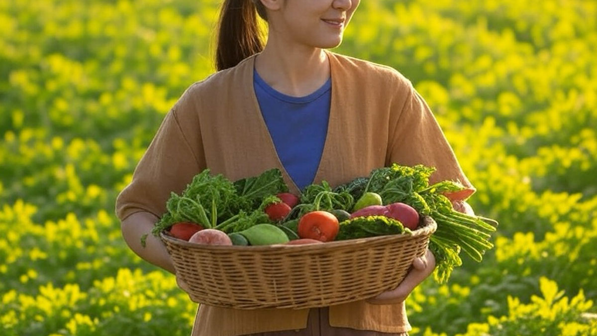 収穫した自然栽培の野菜を籠盛