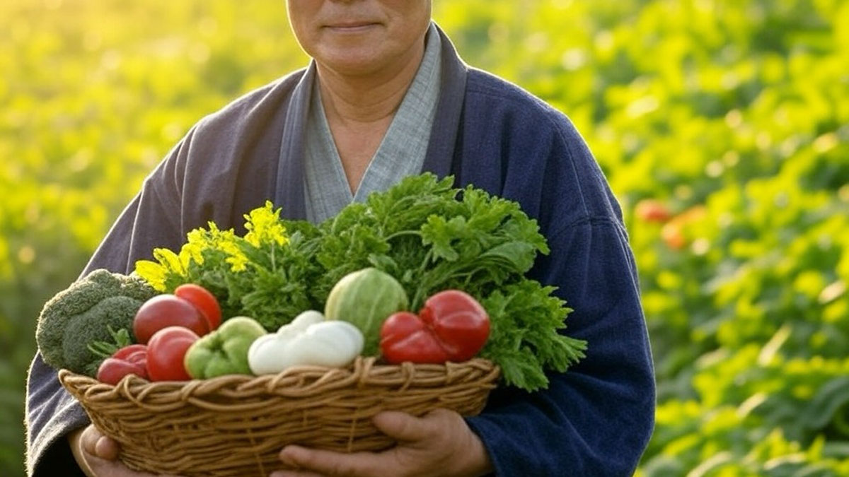 収穫した自然栽培の野菜