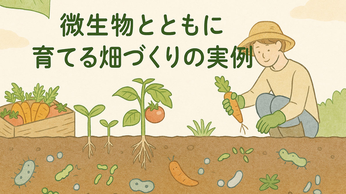「微生物とともに育てる畑づくりの実例」と書かれた手描き風イラスト。微生物が生きる土壌と、にんじんやトマトを育てる優しい畑の風景が描かれている。