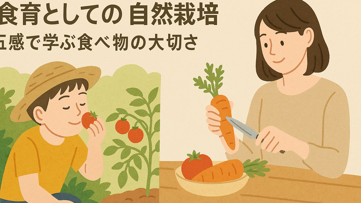 「食育としての自然栽培｜五感で学ぶ食べ物の大切さ」の日本語テキスト入り。親子が収穫と調理を通じて野菜と向き合う様子を、ナチュラルな配色と優しい雰囲気で描いた教育的なイラスト。