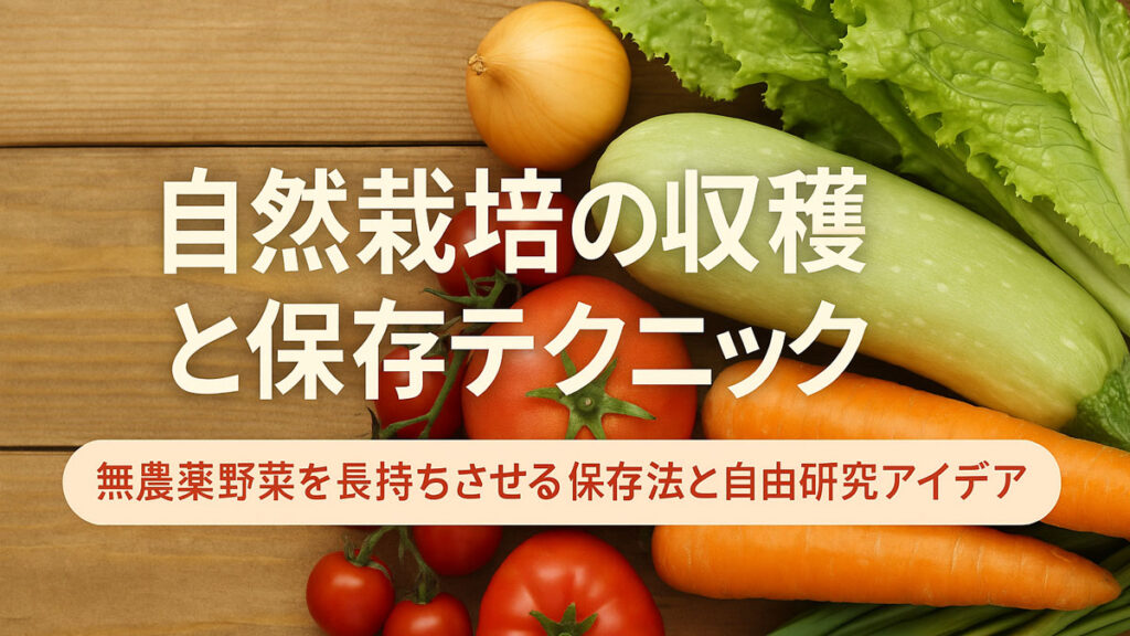 自然栽培で収穫した無農薬野菜と保存テクニックを紹介するイメージ。木製の背景にカラフルな野菜が並び、優しい雰囲気のテキストが配置されている。