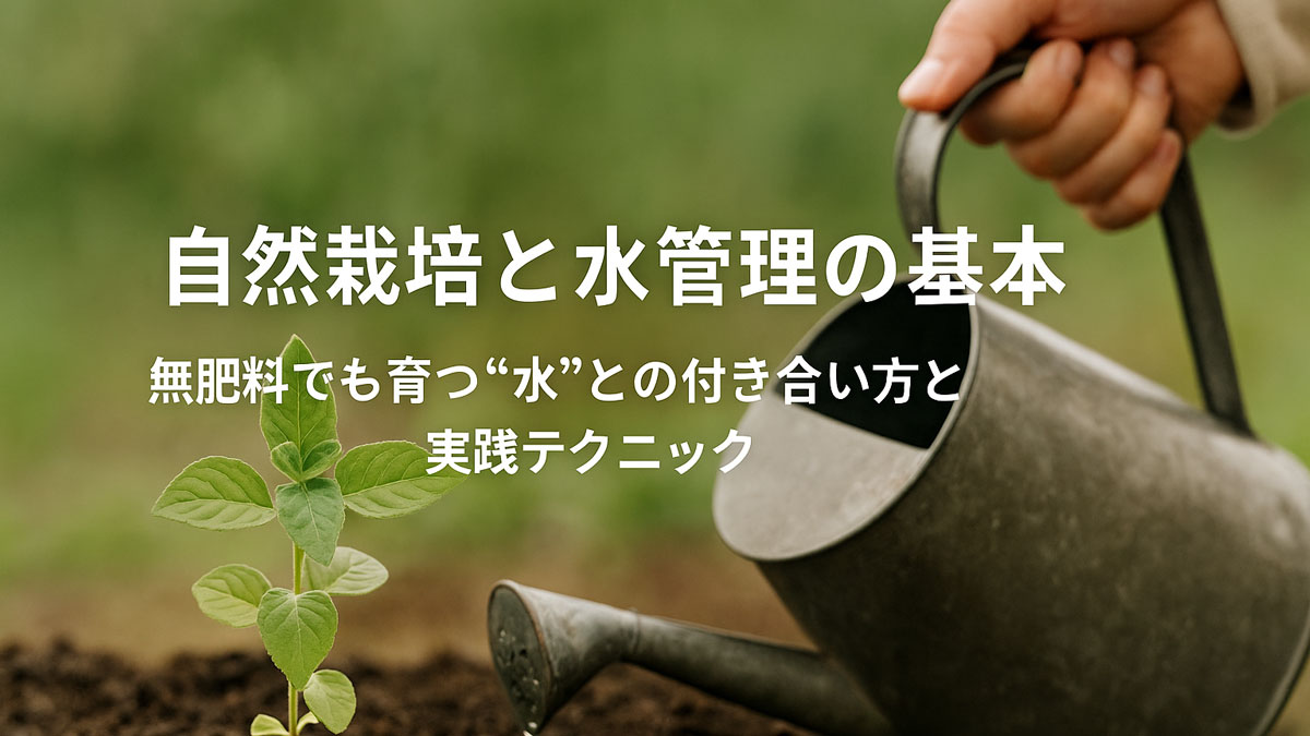 土に植えられた若い苗に、手に持ったじょうろで水をやる様子。自然栽培における水管理の大切さを象徴する場面で、緑の背景とナチュラルな雰囲気の中に「自然栽培と水管理の基本 無肥料でも育つ“水”との付き合い方と実践テクニック」という日本語テキストが中央に配置されている。