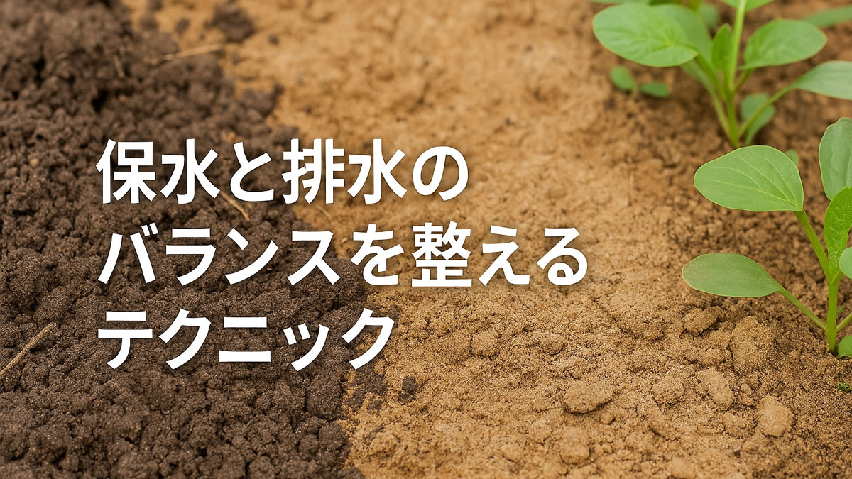 保水性の高い黒土と排水性の良い砂質の土壌が並び、右側には元気に育つ若い植物が見える。「保水と排水のバランスを整えるテクニック」という日本語テキストが中央に配置された、優しい雰囲気の自然系画像。
