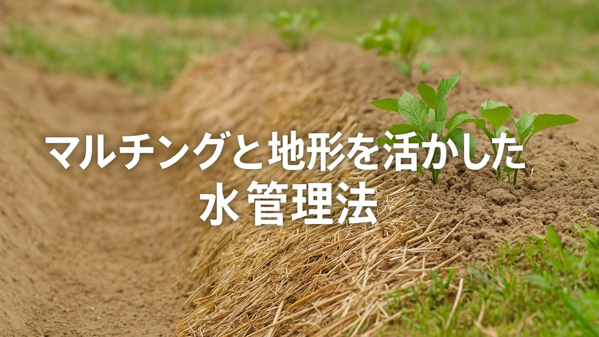 畝に敷かれた藁マルチと、その上に育つ若い植物。地形を活かした傾斜のある畑とともに、「マルチングと地形を活かした水管理法」という日本語テキストが中央に配置された、ナチュラルでやさしい雰囲気の画像。