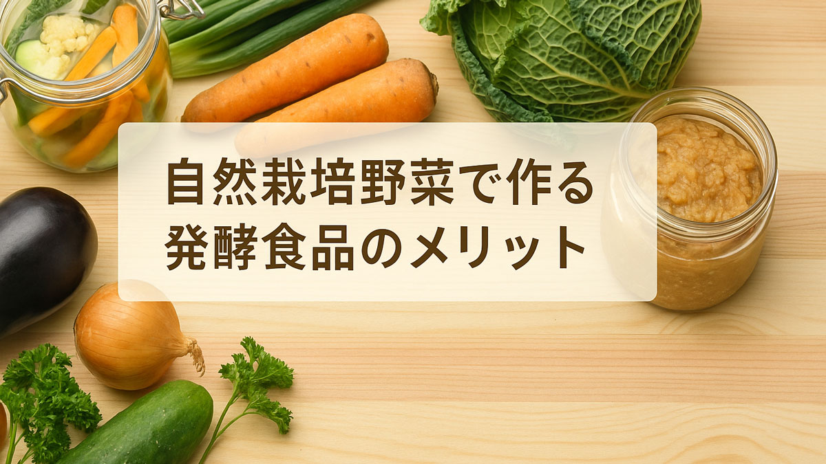 自然栽培野菜と発酵食品を木のテーブルに並べたイメージ｜「自然栽培野菜で作る発酵食品のメリット」と書かれた優しい雰囲気の画像
