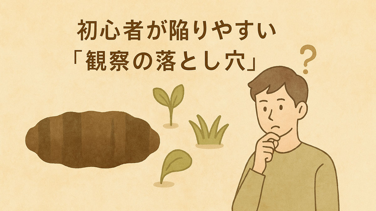 自然栽培の畑で、考え込む初心者と土の穴・芽吹く作物を描いたイラスト。ナチュラルな配色で、中央に「初心者が陥りやすい『観察の落とし穴』」という日本語テキストが配置されている。